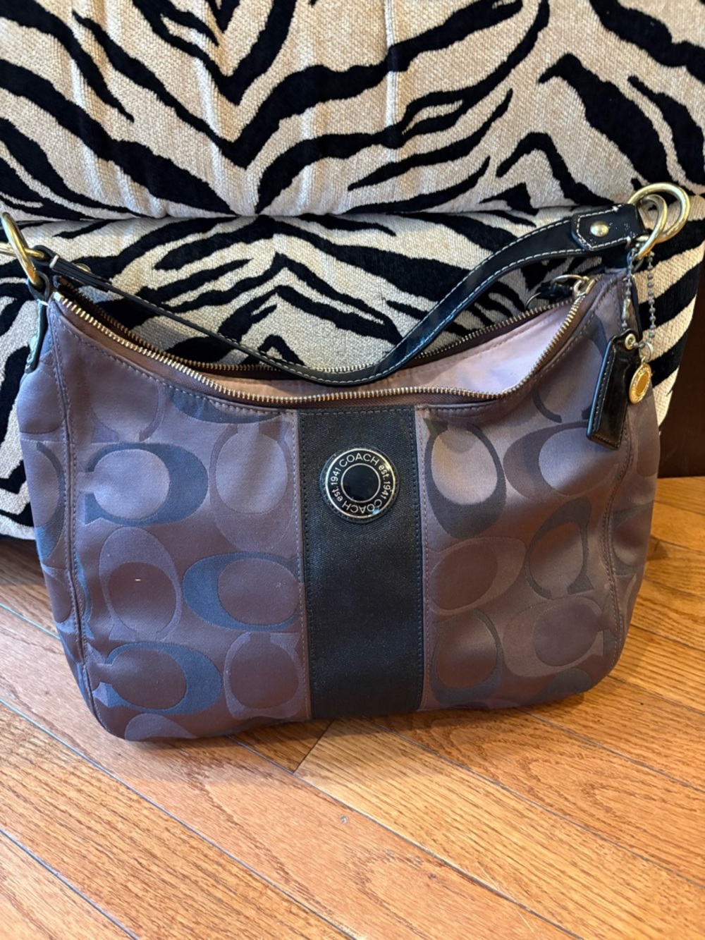 Coach Brown Signature Shoulder Bag with Black Trim